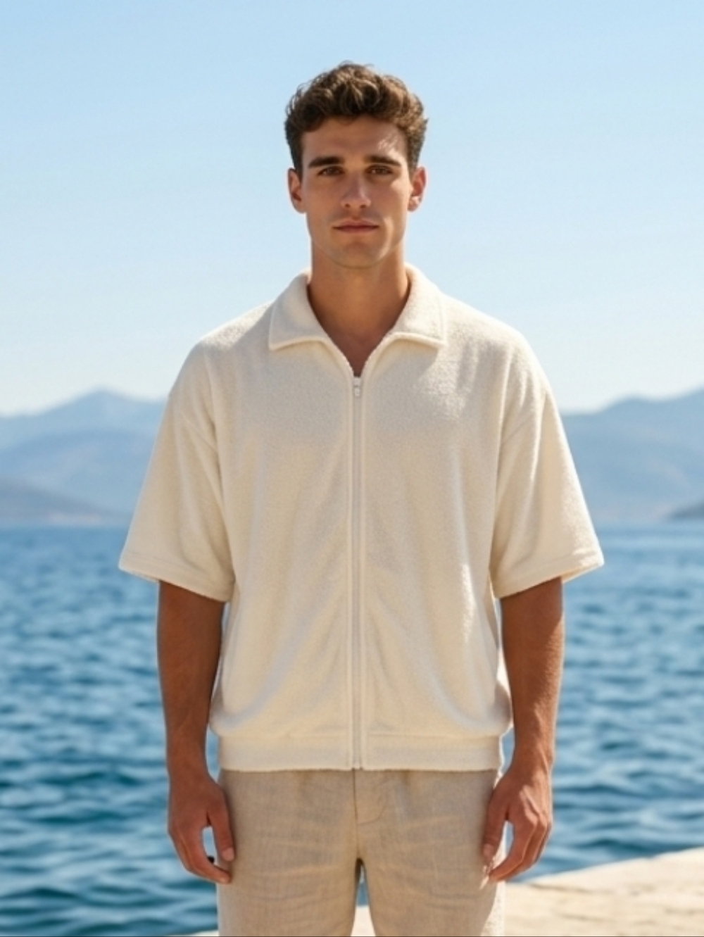 Men's Zip-Up Short Sleeve Terry Cloth Shirt Jacket in Cream Side Pockets Large